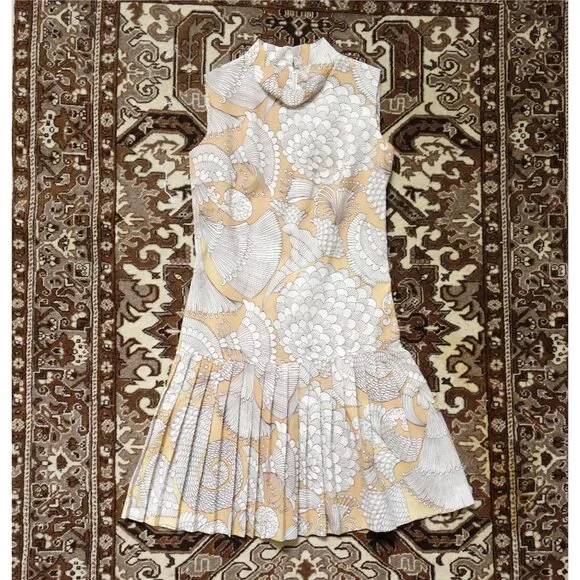 Vintage 60s Pastel Orange White Drop Waist Pleated Skirt Dress est. Medium 6 8 - Picture 3 of 5